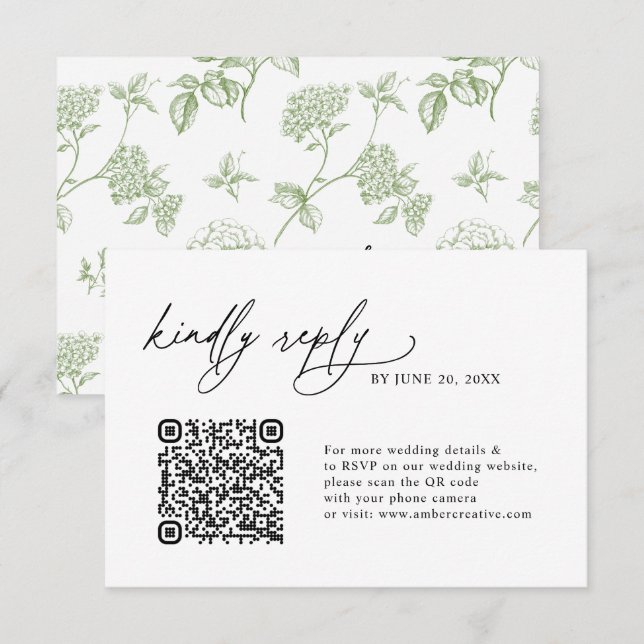 Simple Sage Minimalist QR code Wedding RSVP Cards (Frente/Verso)