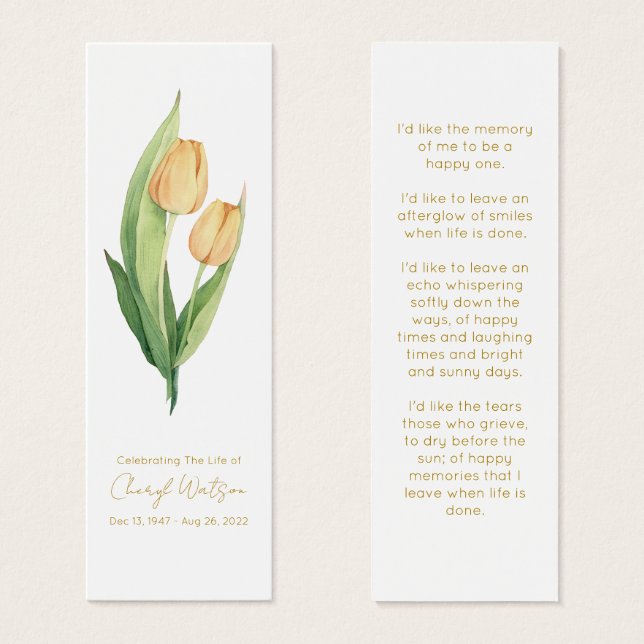 Simple Tulip Funeral Memorial Bookmark (Frente & Verso)