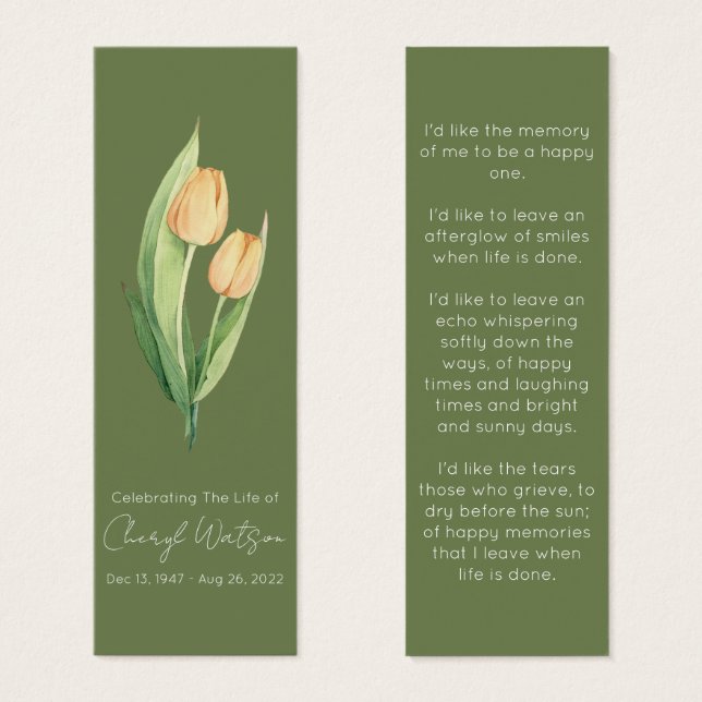 Simple Tulip Funeral Memorial Bookmark (Frente & Verso)