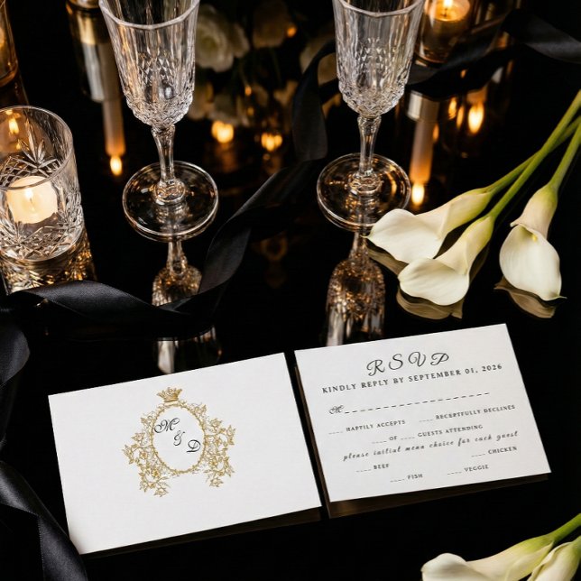 Simple Vintage Monogram Faux Gold Wedding RSVP (Criador carregado)