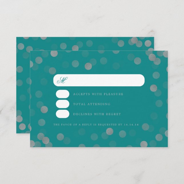 Simple Wedding Silver Confetti RSVP Teal (Frente/Verso)