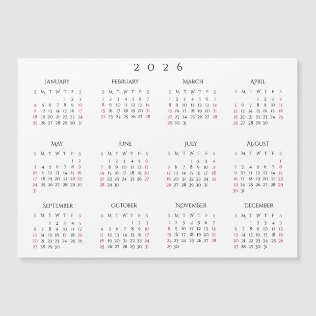 Simple White 2026 Yearly Full Year Calendar Magnet (Frente)