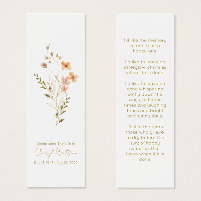 Simple Wildflower Funeral Memorial Bookmark (Frente & Verso)