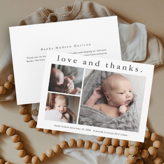 Simples Amor e Agradecimento Anúncio de Bebê Obrig (Simple type love and thanks baby photo announcement thank you cards.)