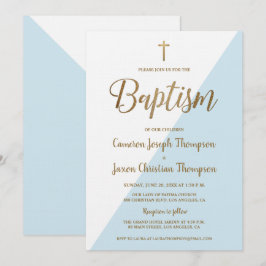Simples Blue White Dourado Convite para Batismo Mo