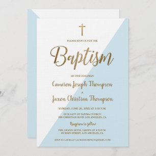 Simples Blue White Dourado Convite para Batismo Mo