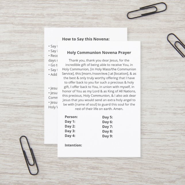 Simples Cartão de Oração Novena da Comunhão Santa (Frente/Verso In Situ)