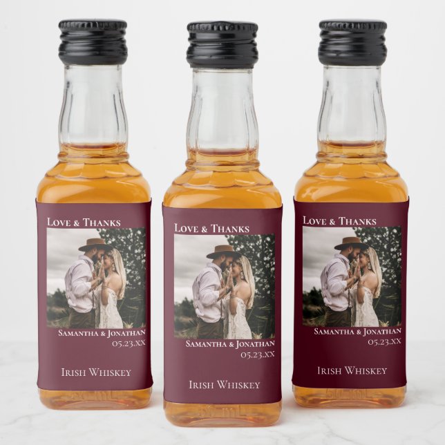 Simples Casamento de Borgonha Foto Amor e Obrigado (Garrafas)