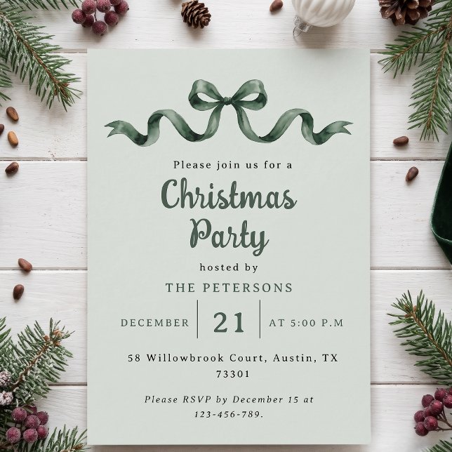 Simples Convite de Natal com Laço em Aquarela Verd (sage green watercolor emerald bow christmas party invitation)