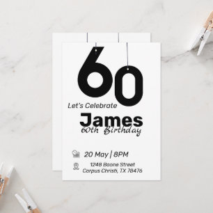 Simples convites para 60 anos em preto e branco