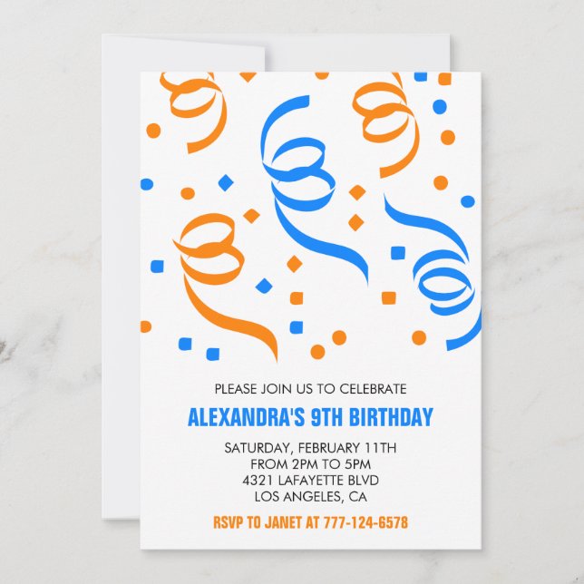 Simples convites para o 9º aniversário Confetti Bl (Frente)