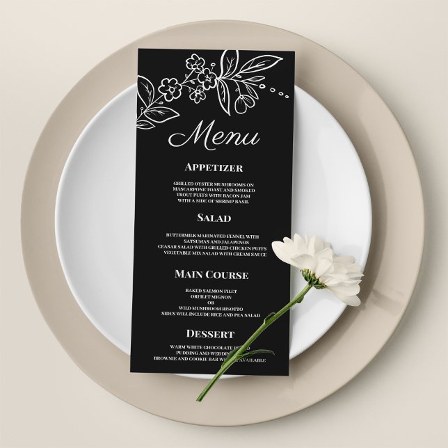 Simples e elegante Menu de Casamento floral preto (Simple elegant black white floral Wedding Menu)