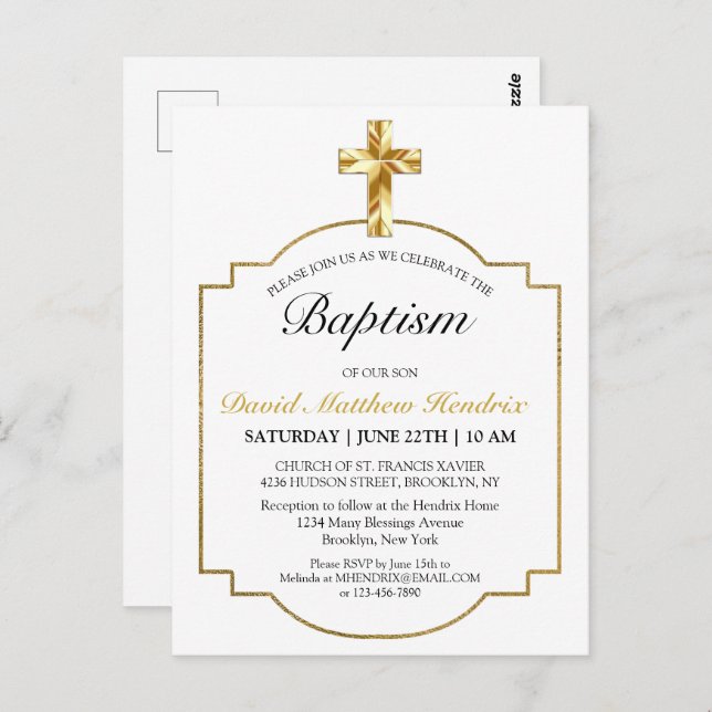 Simples Elegante Dourado Cross Boys Convite Baptis (Frente/Verso)