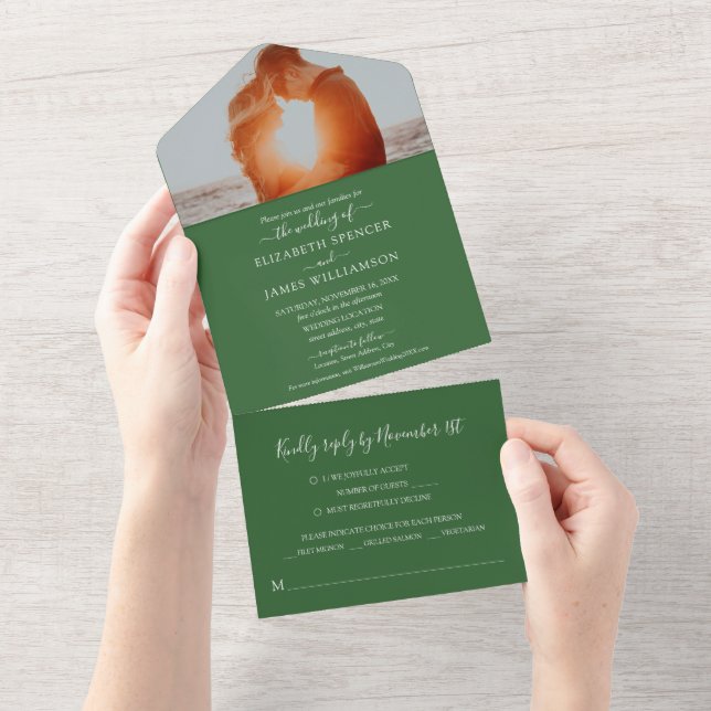 Simples Elegante Foto Casamento RSVP Verde (Aba destacável)