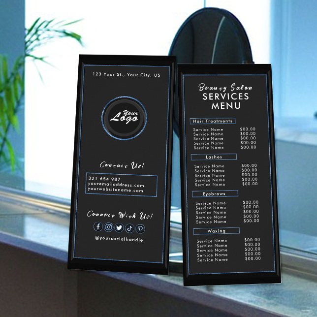 Simples Elegante Moderno Menu de Salão Azul Preto  (Criador carregado)