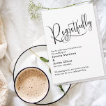 Simples "Lamentavelmente" Cartão de Casamento Canc<br><div class="desc">Se você está na posição de precisar informar seus convidados que seu casamento foi cancelado, aqui está uma opção simples e elegante. Nesta peça, a moderna e elaborada letra do roteiro foi usada para criar um gráfico simples e bonito que retrata a palavra "Lamentavelmente". Use os campos de modelo para...</div>