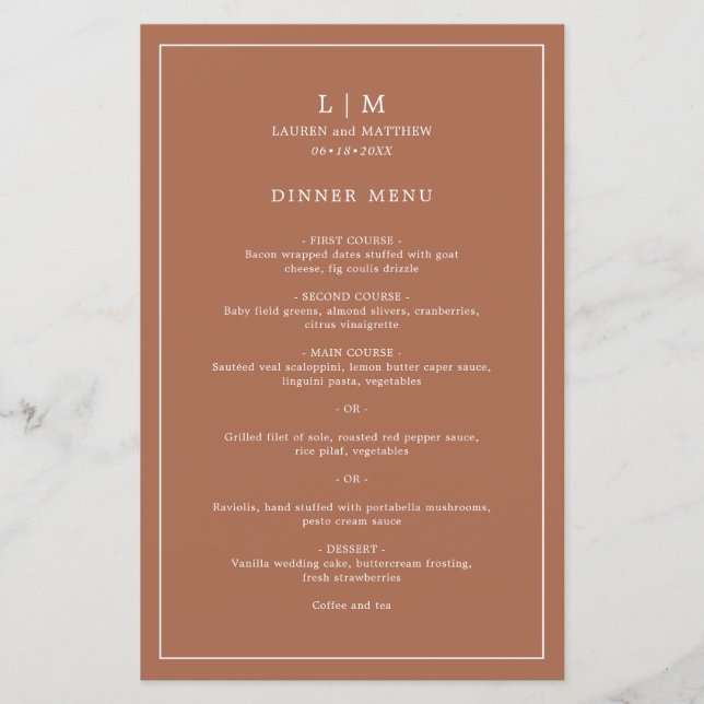Simples Menu de Casamento Elegante Monograma de Te (Frente)
