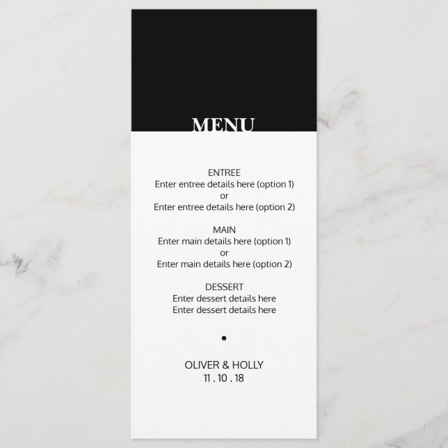 Simples menu de casamento preto e branco (Frente)