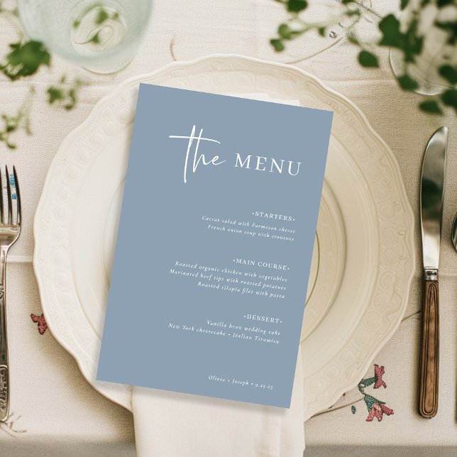 Simples Minimalista Moderna | Menu de Casamento Az (A modern and minimalist dusty blue wedding menu)