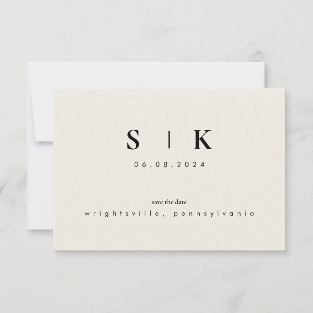 Simples Monograma Bege Save the Date VI Elegante (Frente)