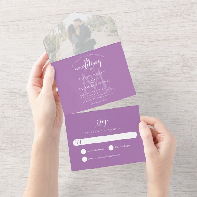 Simples Monograma Roxo Lavanda Foto Casamento (Tearaway)