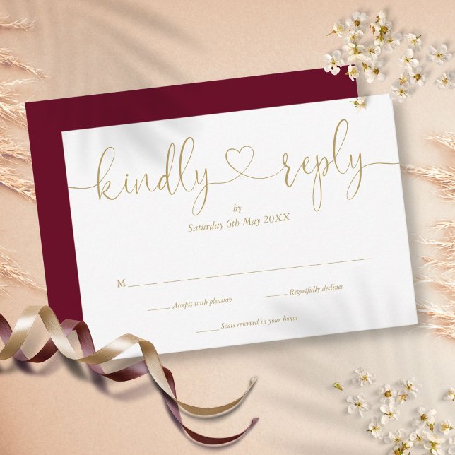 Simples Resposta de Coração em Grafite Burgundy e  (Simple Burgundy And Gold Script Heart Kindly Reply RSVP Card)