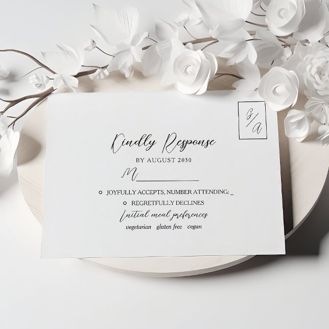 Simples RSVP de casamento preto e branco moderno (Criador carregado)