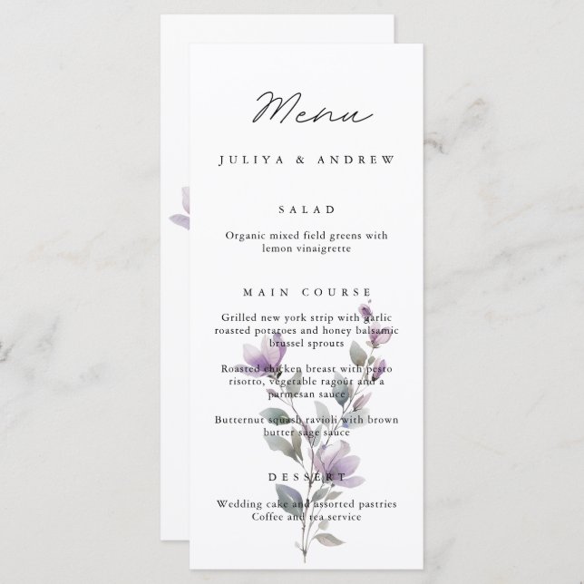 Simples script floral Cartão de Menu de Casamento (Frente/Verso)