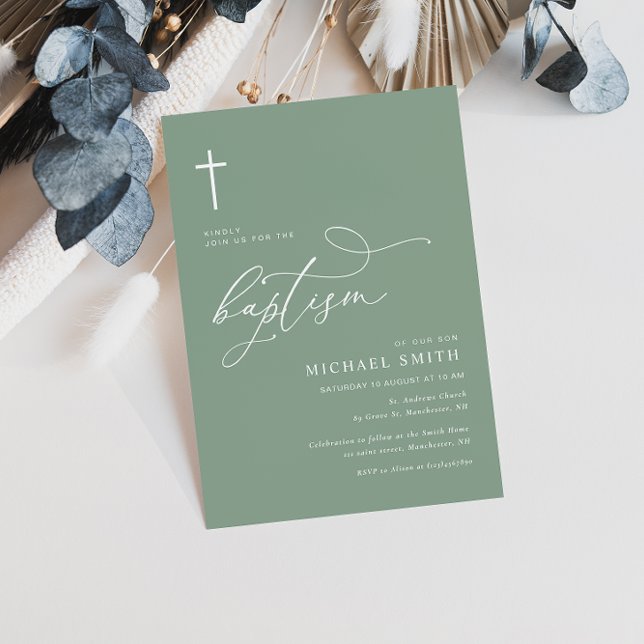 simples tipografia sage green baptism convite (Criador carregado)