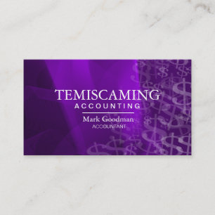 Sinais de dólar brancos roxos do cartão de visita