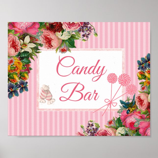 Sinal de Bar de Casamento de Poster Floral Rosa (Frente)
