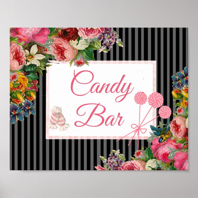 Sinal de Bar de Casamento de Poster Floral Rosa e  (Frente)