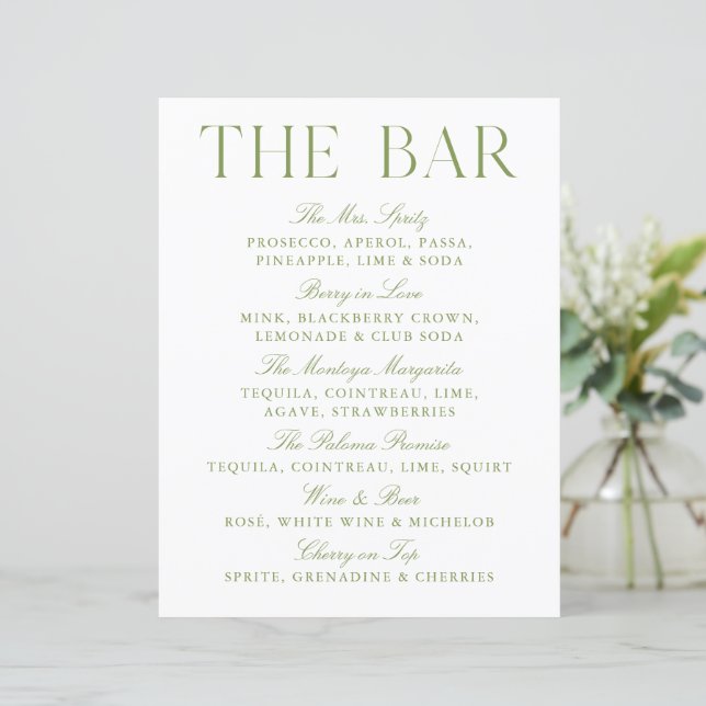 Sinal de Bar de Casamento Verde e Branco Elegante (Em pé/Frente)
