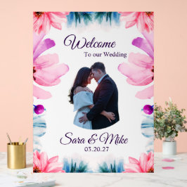Sinal de Boas-Vindas de Casamento Floral Rosa e Az
