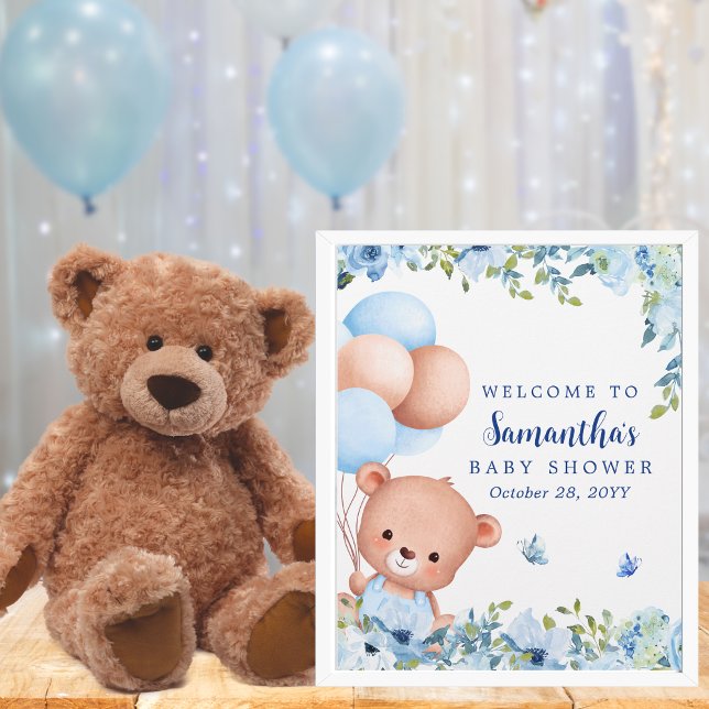 Sinal de Boas-Vindas de Chá de Bebê com Urso de Pe (Teddy bear and balloons baby shower welcome sign for moms expecting a baby boy)
