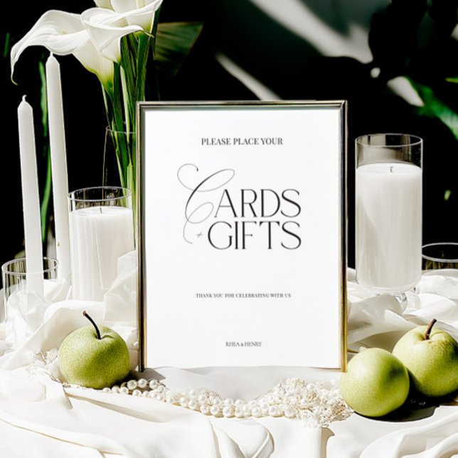 Sinal de “Cartões e Presentes” Moderno Preto e Bra (Elegant Black & White Modern “Cards & Gifts” Sign)