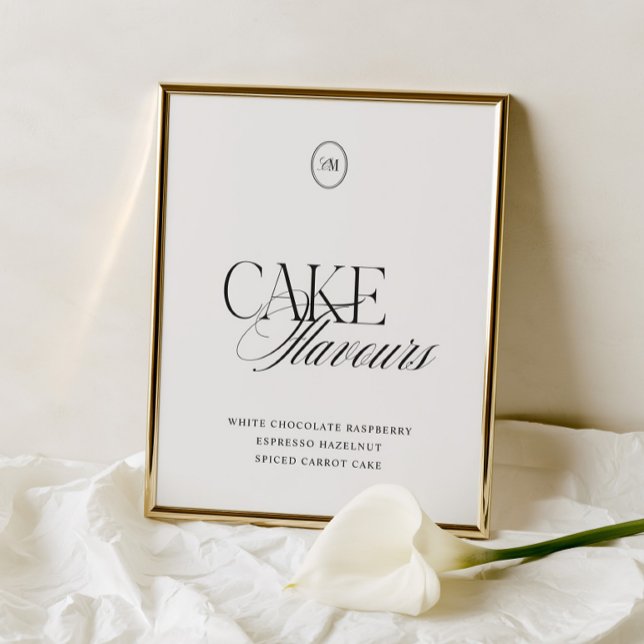 Sinal de casamento com sabores de bolo moderno e e (Cake Flavours Modern Elegant Monogram Wedding Sign)