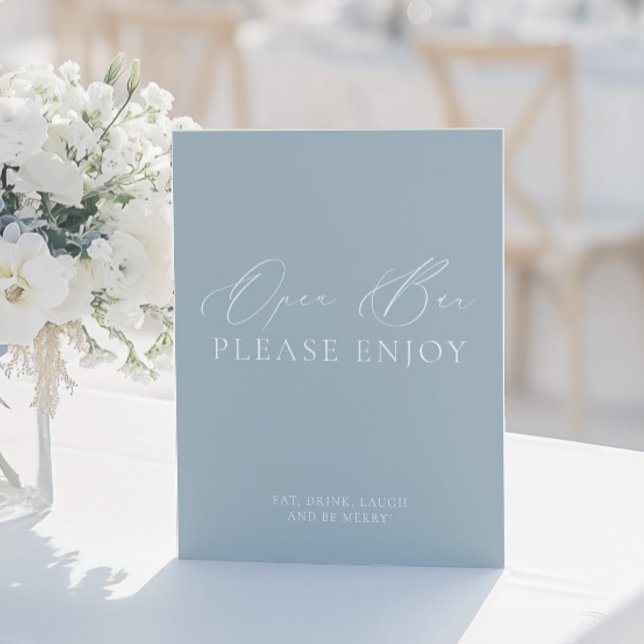 Sinal de Casamento de Bar Aberto Azul e Branco Dus (Coastal Dusty Blue & White Open Bar Wedding Sign)