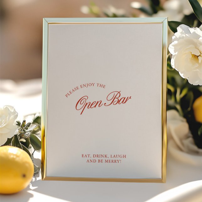 Sinal de Casamento de Bar Aberto Elegante Vermelho (Elegant Red & Ivory Open Bar Wedding Sign)