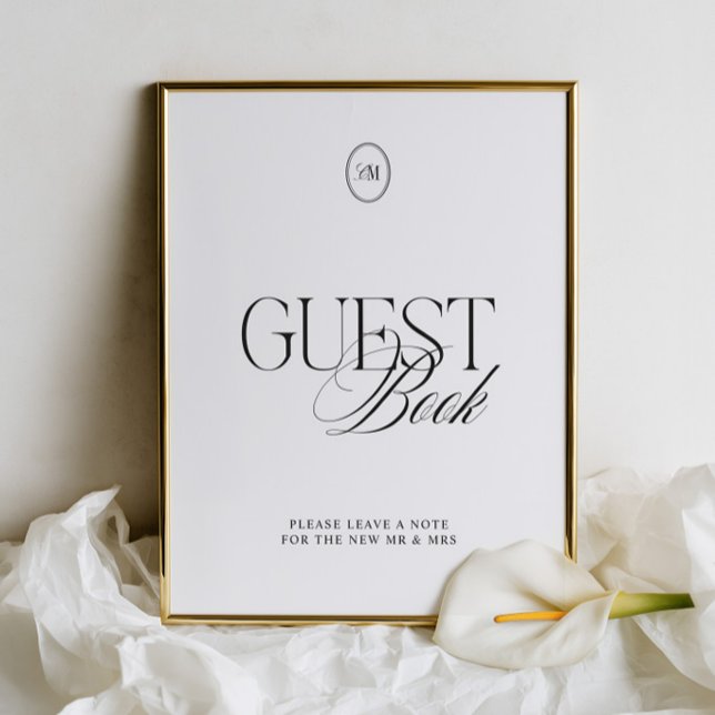 Sinal de Casamento de Livro de Visitantes Preto e  (Modern Black & White Guest Book Wedding Sign)