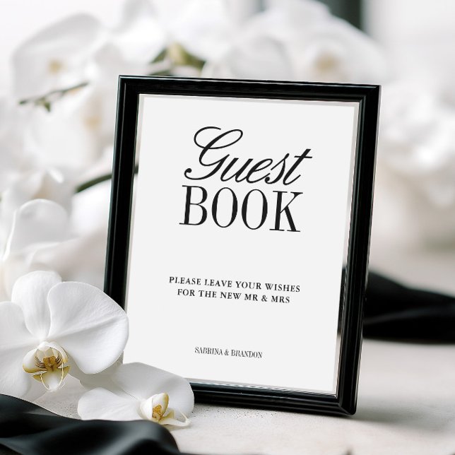 Sinal de Livro de Visitas de Casamento Preto e Bra (Elegant Black & White Wedding Guest Book Sign)