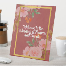Sinal de Mesa de Casamento Rosa, Floral e Dourado