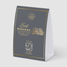 Sinal de Mesa QR Code Eid Mubarak Cinza & Dourado