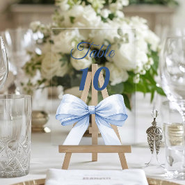 Sinal de número de mesa em acrílico com laço azul