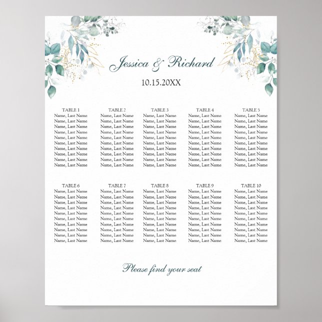 Sinal de Poster de Gráfico de Assento 10 Mesa (Frente)