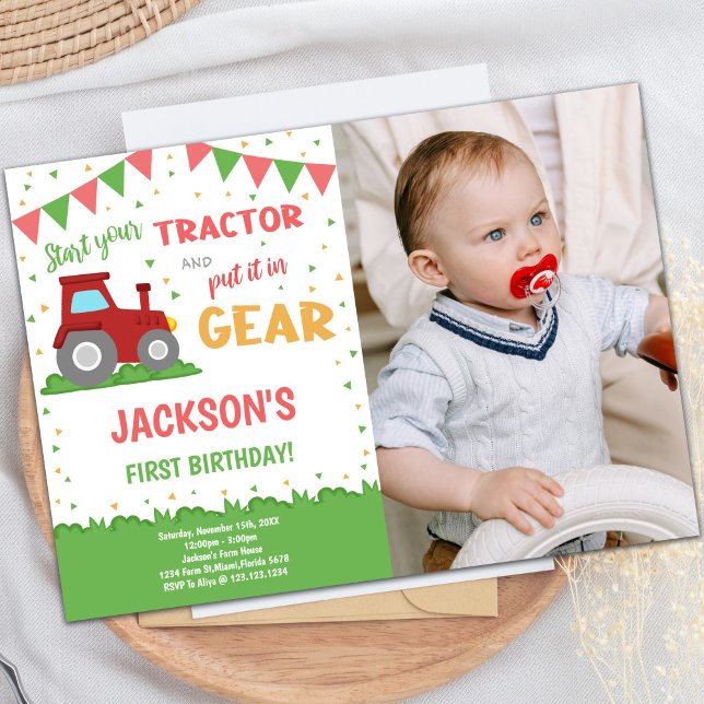 Sinalizadores vermelhos Trator Convites de Anivers (Red Flags Tractor Birthday Invitations w Photo)