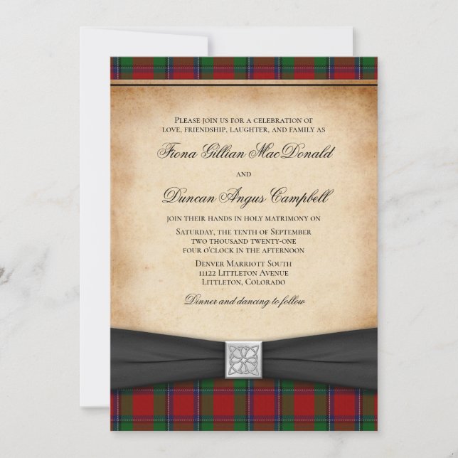 Sinclair Modern Red Tartan Convite Para Casamento (Frente)