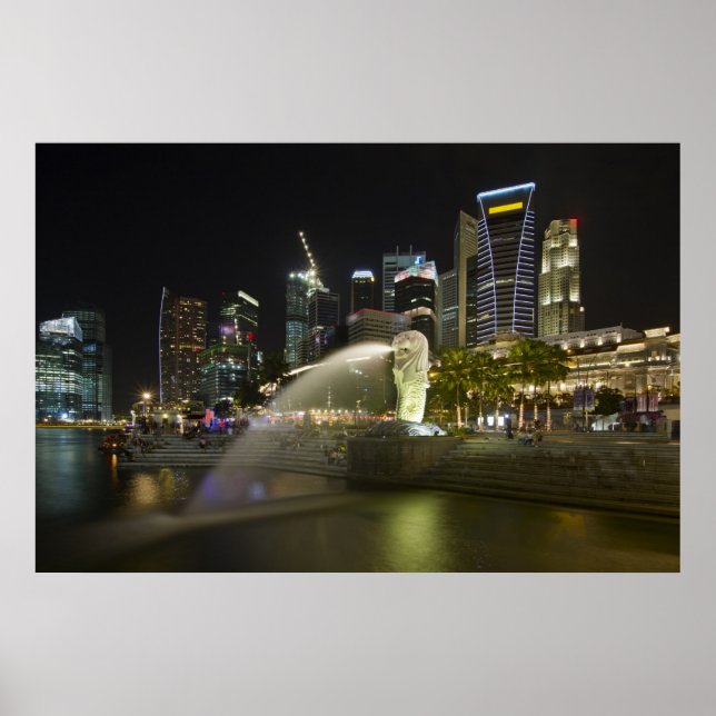 Singapore Cityscape along River at Night Poster (Frente)