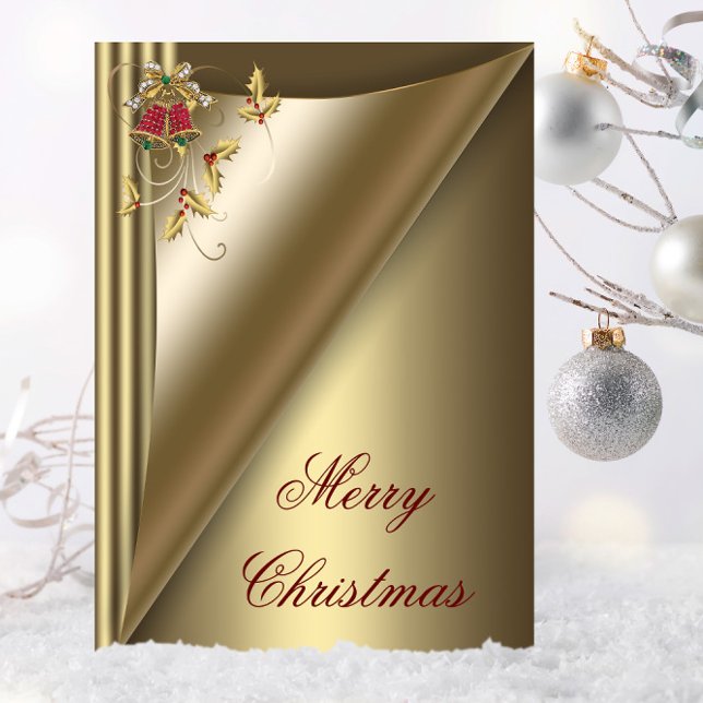 Sininho Vermelho Elegante e Dourado Cartão de Nata (Red and gold Christmas card with pretty bells and holly.)