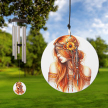 Sino de Vento Boho Girl – Arte de IA com Penas, Bo